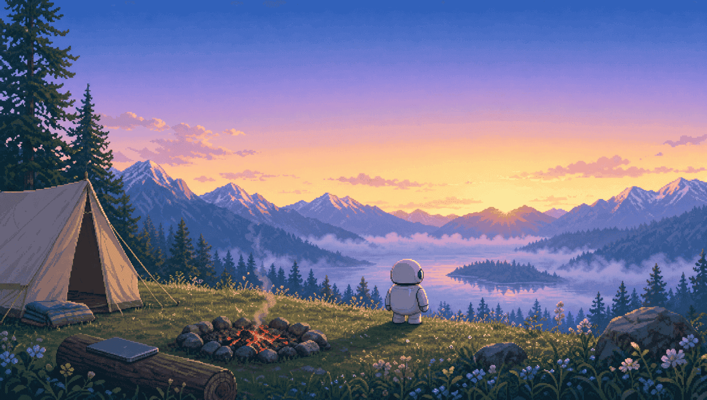 Scène pixel-art à l’aube sur le campement : les braises, un ordinateur fermé et la silhouette qui regarde le soleil se lever.
